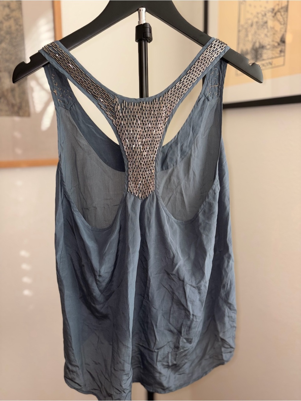 Silence + Noise 100% Silk Beaded Racerback Top - Blue